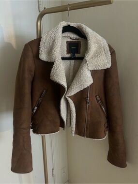 Forever 21 Faux Shearling Moto Jacket Brown Cropped Sherpa Lined Biker Coat L